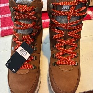 Sorel Tan Waterproof Boots with Orange lace Accents